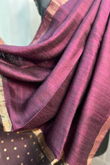 Wine coloured pure matka silk saree with golden zari border and sequins pallu