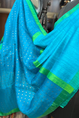 Pure matka silk Firozi Blue saree with green border