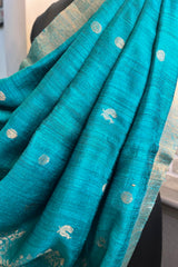 Pure Matka silk, Handwoven firozi ( chintamani) coloured saree with Meenakari golden buttis and pallu