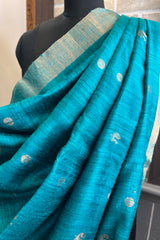 Pure Matka silk, Handwoven firozi ( chintamani) coloured saree with Meenakari golden buttis and pallu