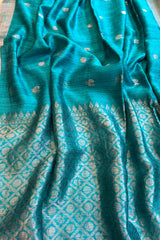 Pure Matka silk, Handwoven firozi ( chintamani) coloured saree with Meenakari golden buttis and pallu