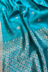 Pure Matka silk, Handwoven firozi ( chintamani) coloured saree with Meenakari golden buttis and pallu