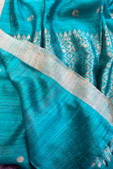 Pure Matka silk, Handwoven firozi ( chintamani) coloured saree with Meenakari golden buttis and pallu