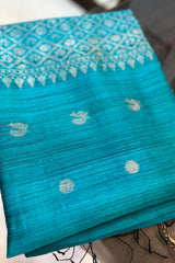 Pure Matka silk, Handwoven firozi ( chintamani) coloured saree with Meenakari golden buttis and pallu