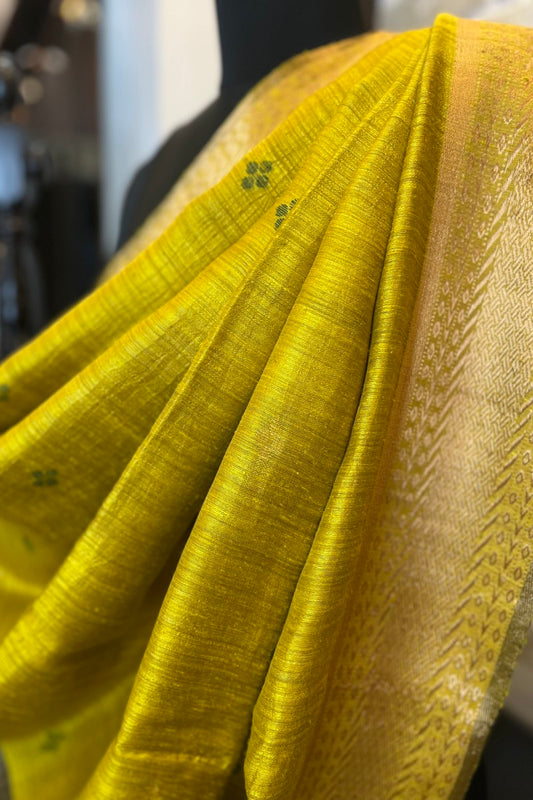 Pure Matka Silk Greenish Mustrad coloured saree with woven border , green Meenakari buttis and zari border