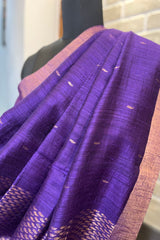 Pure Matka Silk, Handwoven Purple coloured saree with golden small Jamdani Buttis and pallu