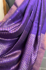 Pure Matka Silk, Handwoven Purple coloured saree with golden small Jamdani Buttis and pallu