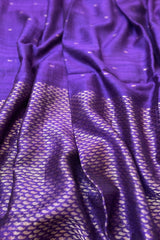 Pure Matka Silk, Handwoven Purple coloured saree with golden small Jamdani Buttis and pallu