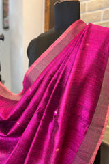 Pure Matka Silk, Handwoven Magenta coloured saree with golden small Jamdani Buttis and pallu