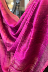 Pure Matka Silk, Handwoven Magenta coloured saree with golden small Jamdani Buttis and pallu