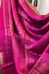 Pure Matka Silk, Handwoven Magenta coloured saree with golden small Jamdani Buttis and pallu