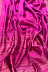 Pure Matka Silk, Handwoven Magenta coloured saree with golden small Jamdani Buttis and pallu