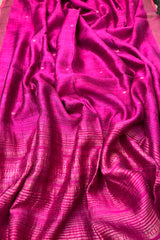 Pure Matka Silk, Handwoven Magenta coloured saree with golden small Jamdani Buttis and pallu