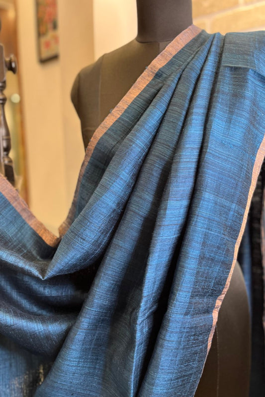 German Blue Pure Matka Silk saree with Tussar Ghicha Pallu