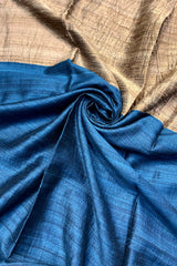 German Blue Pure Matka Silk saree with Tussar Ghicha Pallu