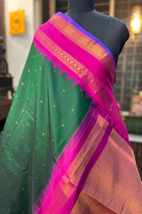 Emerald Green Pure Silk Narayanpet saree with magenta border and pallu
