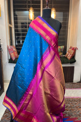 German Blue Pure Silk Narayanpet Saree with Magenta Border and Pallu.