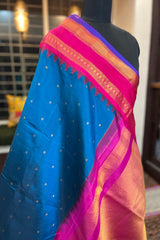 German Blue Pure Silk Narayanpet Saree with Magenta Border and Pallu.
