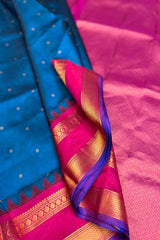 German Blue Pure Silk Narayanpet Saree with Magenta Border and Pallu.