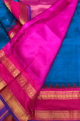 German Blue Pure Silk Narayanpet Saree with Magenta Border and Pallu.