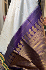 Pearl white Zari checkered pure silk Narayanpet Saree with deep purple border and pallu.