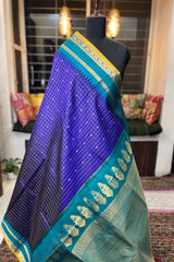 Purple zari Checkered Pure Silk Narayanpet Saree with contrast Firozi border and pallu