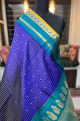 Purple zari Checkered Pure Silk Narayanpet Saree with contrast Firozi border and pallu