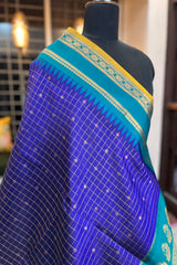 Purple zari Checkered Pure Silk Narayanpet Saree with contrast Firozi border and pallu