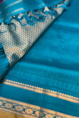 Purple zari Checkered Pure Silk Narayanpet Saree with contrast Firozi border and pallu