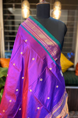 Purple Pure Silk Paithani Dupatta with Peacock Green Border