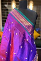 Purple Pure Silk Paithani Dupatta with Peacock Green Border