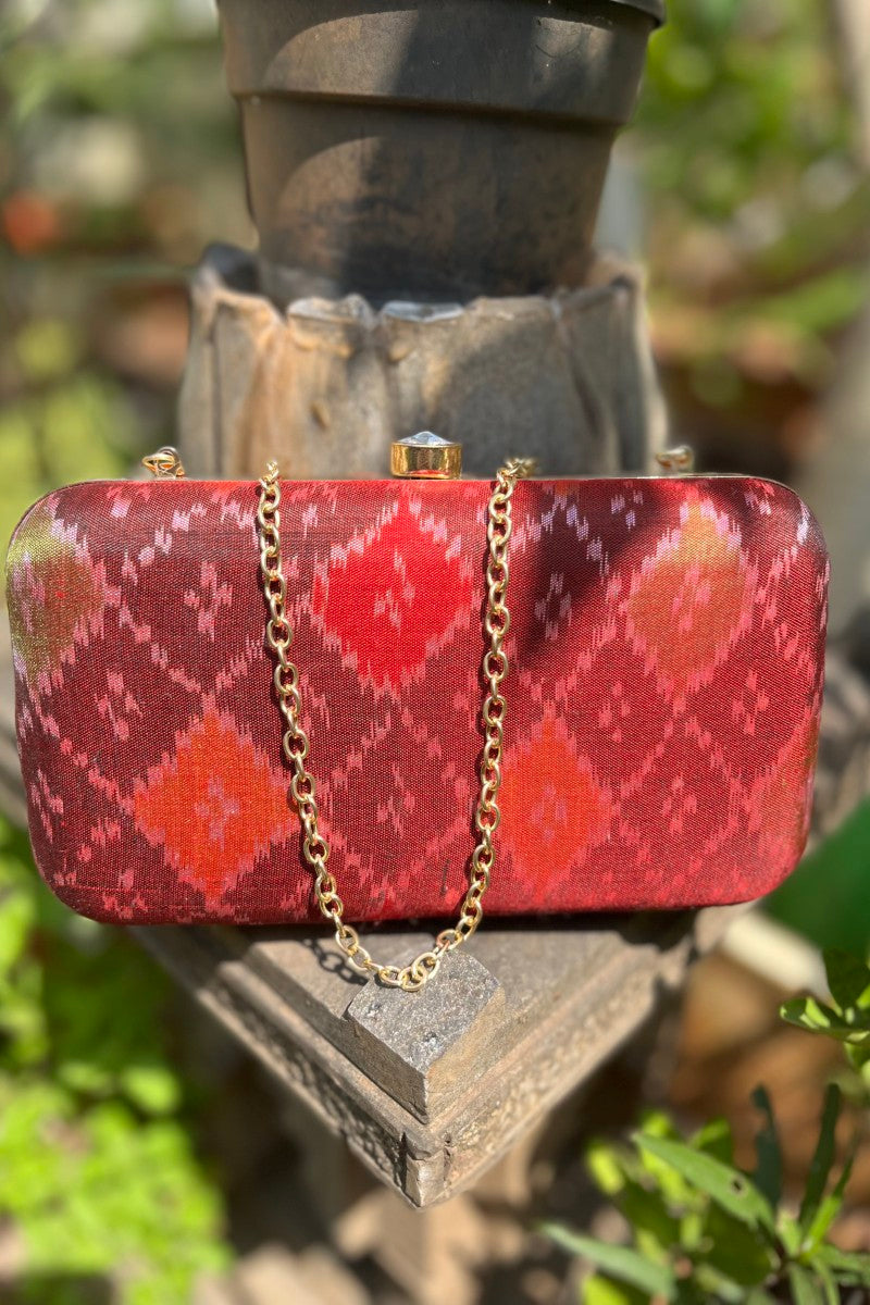 Rust with Red Pure Silk Rajkot Patola Clutch