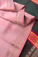 Beautiful Pastel Rose Pink pure silk Inchpar saree with contrast bottle green pallu and blouse
