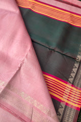 Beautiful Pastel Rose Pink pure silk Inchpar saree with contrast bottle green pallu and blouse