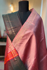Beautiful Pastel Rose Pink pure silk Inchpar saree with contrast bottle green pallu and blouse