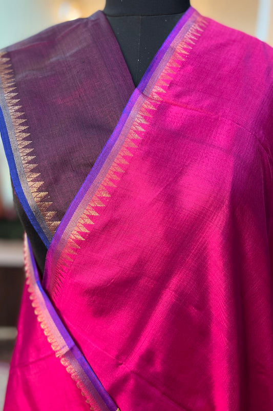 Magenta pure silk Inchpar handloom saree with Patti pallu and contrast blouse