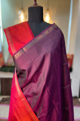 Wine coloured pure silk handloom Inchpar saree with carrot red coloured pallu and blouse