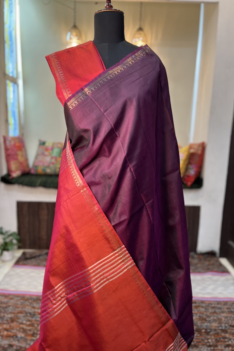 Wine coloured pure silk handloom Inchpar saree with carrot red coloured pallu and blouse