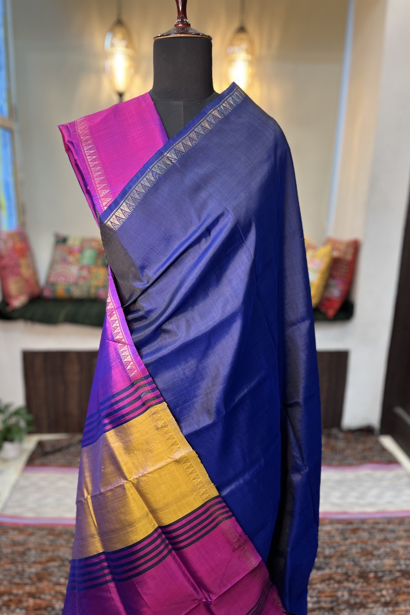 Midnight Blue pure silk handloom Inchpar saree with contrast pallu and blouse