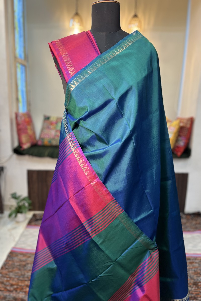 Peacock Green pure silk handloom Inchpar saree with contrast magenta pallu and blouse
