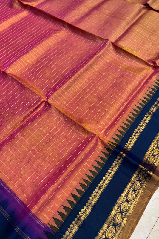 Pure silk Dual Toned Pink by orange checkered Narayanpet saree