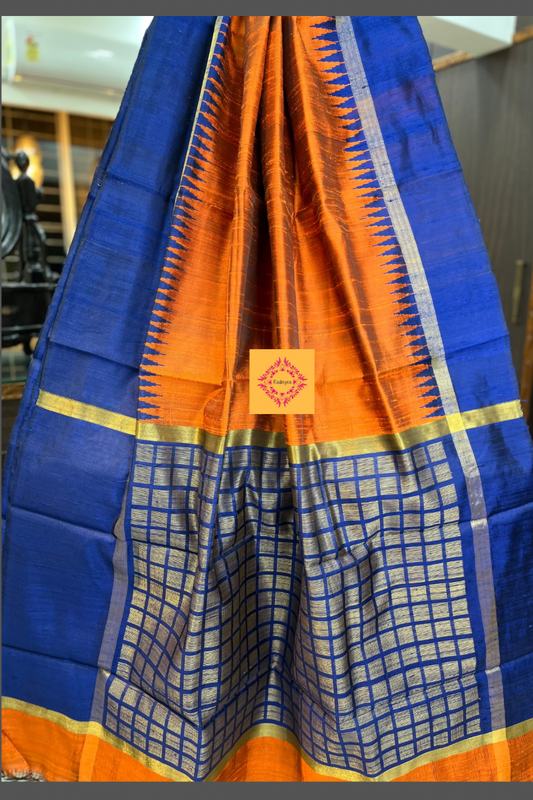 Rust Coloured Pure Raw Silk Saree with Royal Blue border