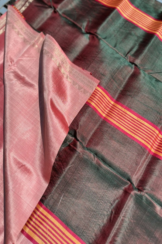 Powder Pink with Bottle Green Pallu Inchpar Saree