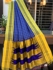 Handloom Blue Cotton Irkal with Mustard Pure Silk Topeteni Pallu