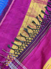 Handloom Blue Cotton Irkal with Pink Gayatri Border and Pure Silk Pallu