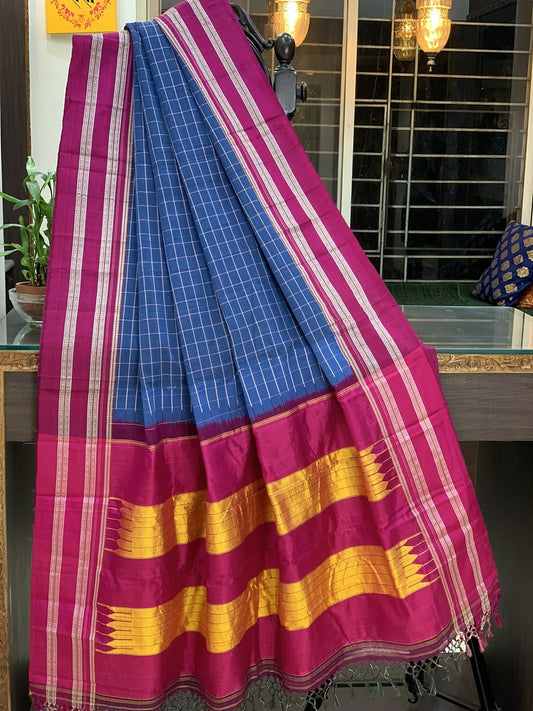 Handloom Blue Cotton Irkal with Pink Gayatri Border and Pure Silk Pallu