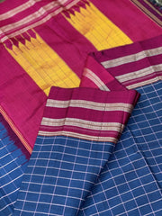 Handloom Blue Cotton Irkal with Pink Gayatri Border and Pure Silk Pallu