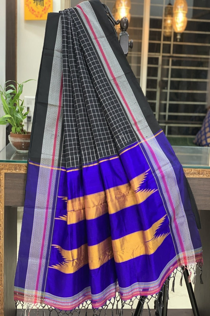 Handloom Black cotton Irkal with Purple Pure Silk Pallu