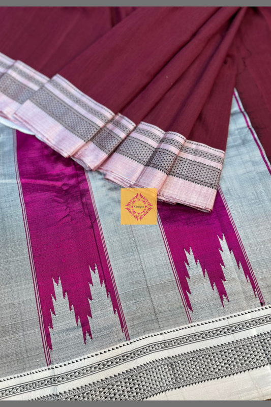 Maroon Handwoven Cotton Irkal Saree with Magenta Pure Silk Pallu