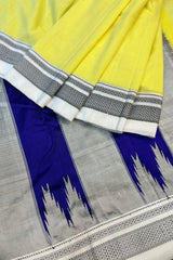 Fresh Yellow Handwoven Cotton Irkal Saree with Purple Pure Silk Pallu